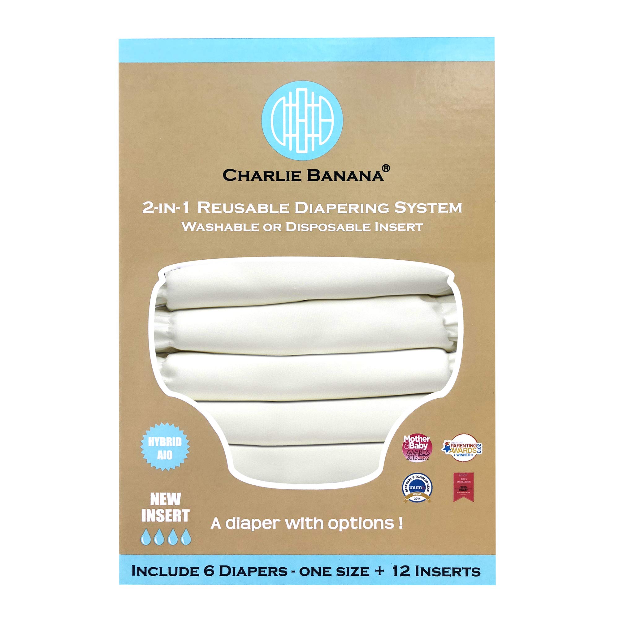 Charlie Banana Hybrid All-in-One Windeln mit zwölf wiederverwendbar fügt, Größe 1, weiß, 6