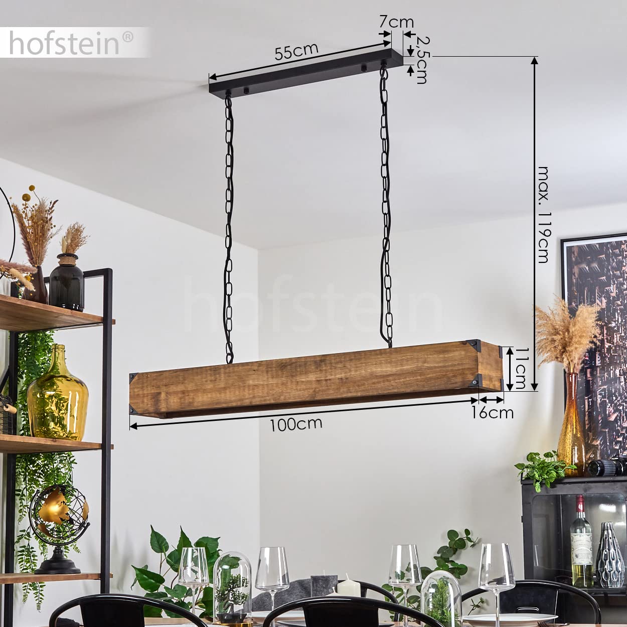 HOFSTEIN Pendelleuchte Olomouc, Hängelampe aus Metall/Holz Schwarz/Natur, Hängeleuchte mit Holzstab, Ketten-Gliedern u. verstellbaren Leuchtenschirmen, Höhe max. 119 cm, 4-flammig, 4 x E27