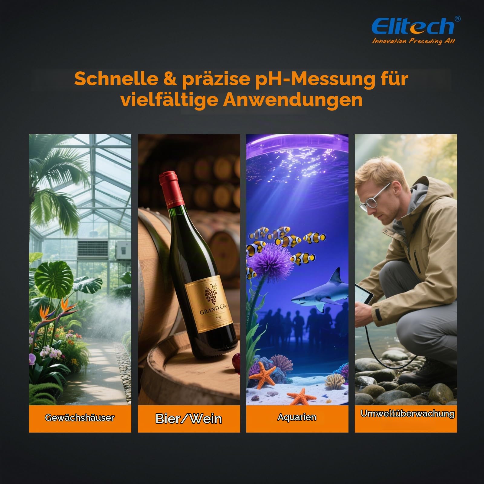 Elitech pH Messgerät mit Temperaturanzeige 0–14 pH ±0.05 Genauigkeit,pH Tester automatische Kalibrierung Hintergrundbeleuchtung mit Farbwarnung