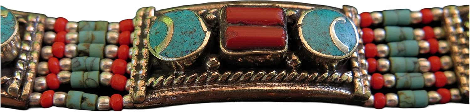 Inlaid Coral & Turquoise Stones in German Silver 6 Strand Bracelet 212CR0M