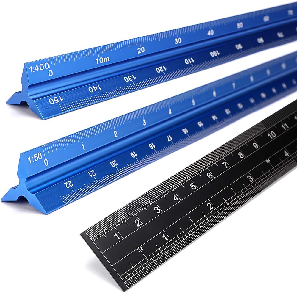 OwnMy 30CM Solid Aluminum Metric Triangular Architect Scale Ruler Set, Architectural and Engineer Scale Ruler Set Professional Etched Scales Drafting Rulers for Blueprints Civil Engineering, Blue