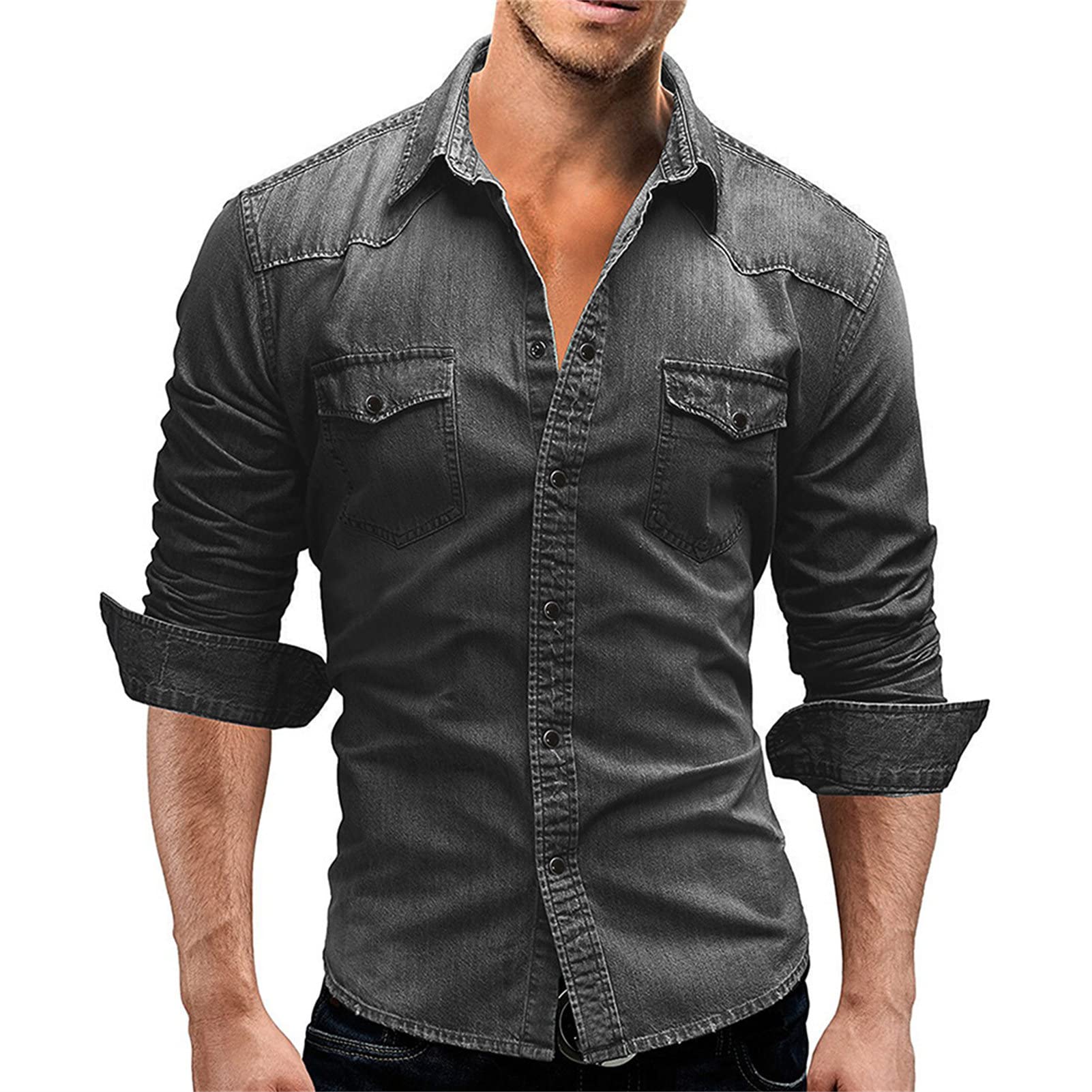 Maiyifu-GJ Men's Long Sleeve Denim Shirt Casual Button-Down Western Regular Fit Shirts Slim Fit Washed Jean Shirt (Light Grey,3X-Large)