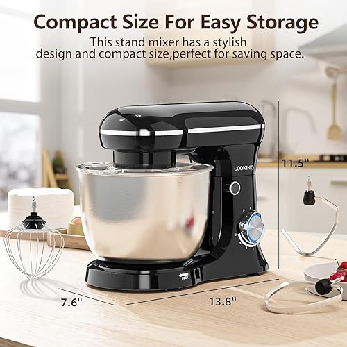 Miniatura 5 de Batidora eléctrica de pie, 10 velocidades, batidora de alimentos de cabeza inclinable, 3 en 1 para cocineros diarios con cuenco de 6.5 cuartos de