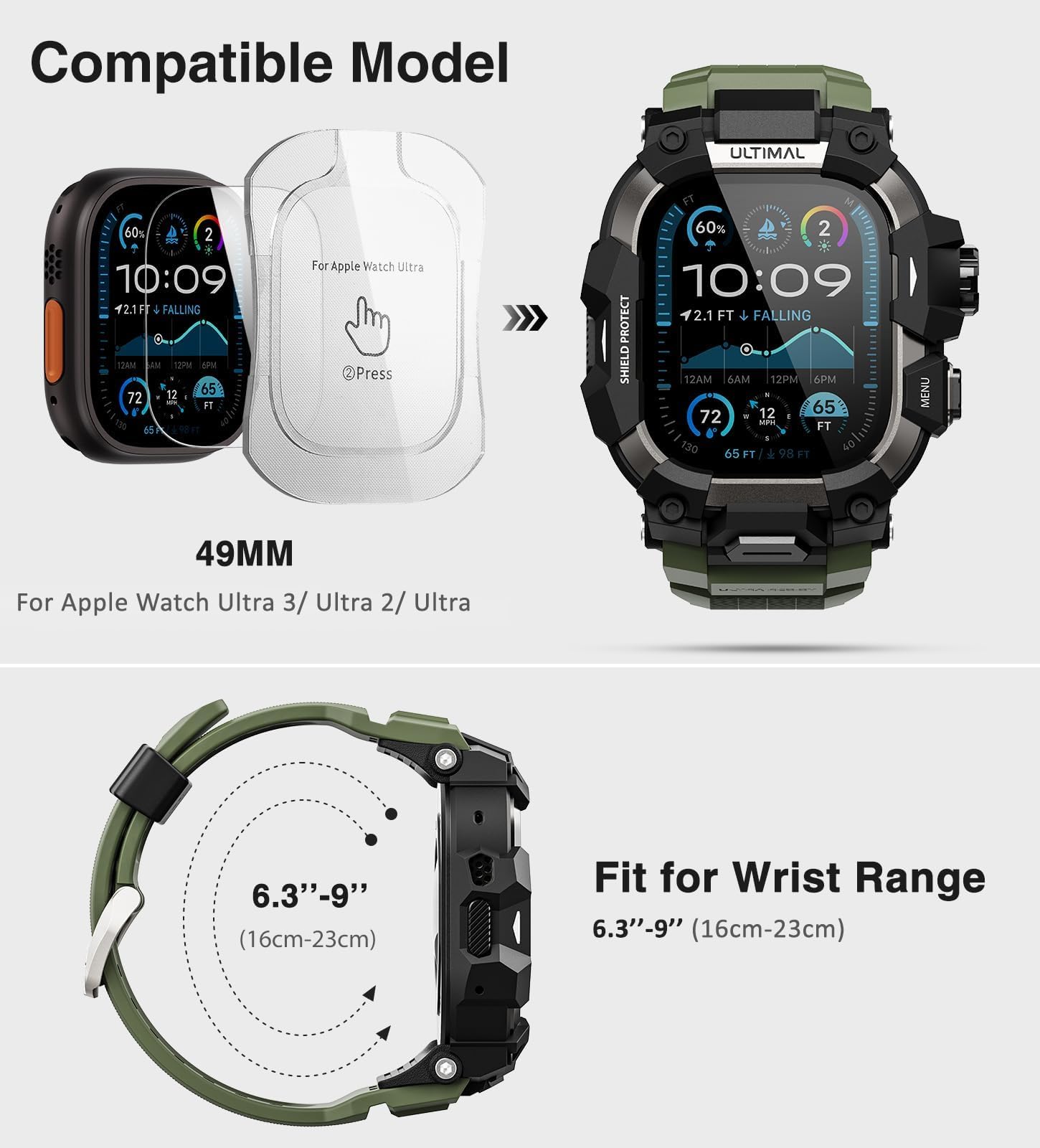 ULTIMAL Sports Bands Compatible with Apple Watch Strap 44mm/45mm, Military Protective Bumper Case, Rugged TPU iWatch Strap, Adjustable Band for Apple Watch Series 9 8 7 6 5 4 SE