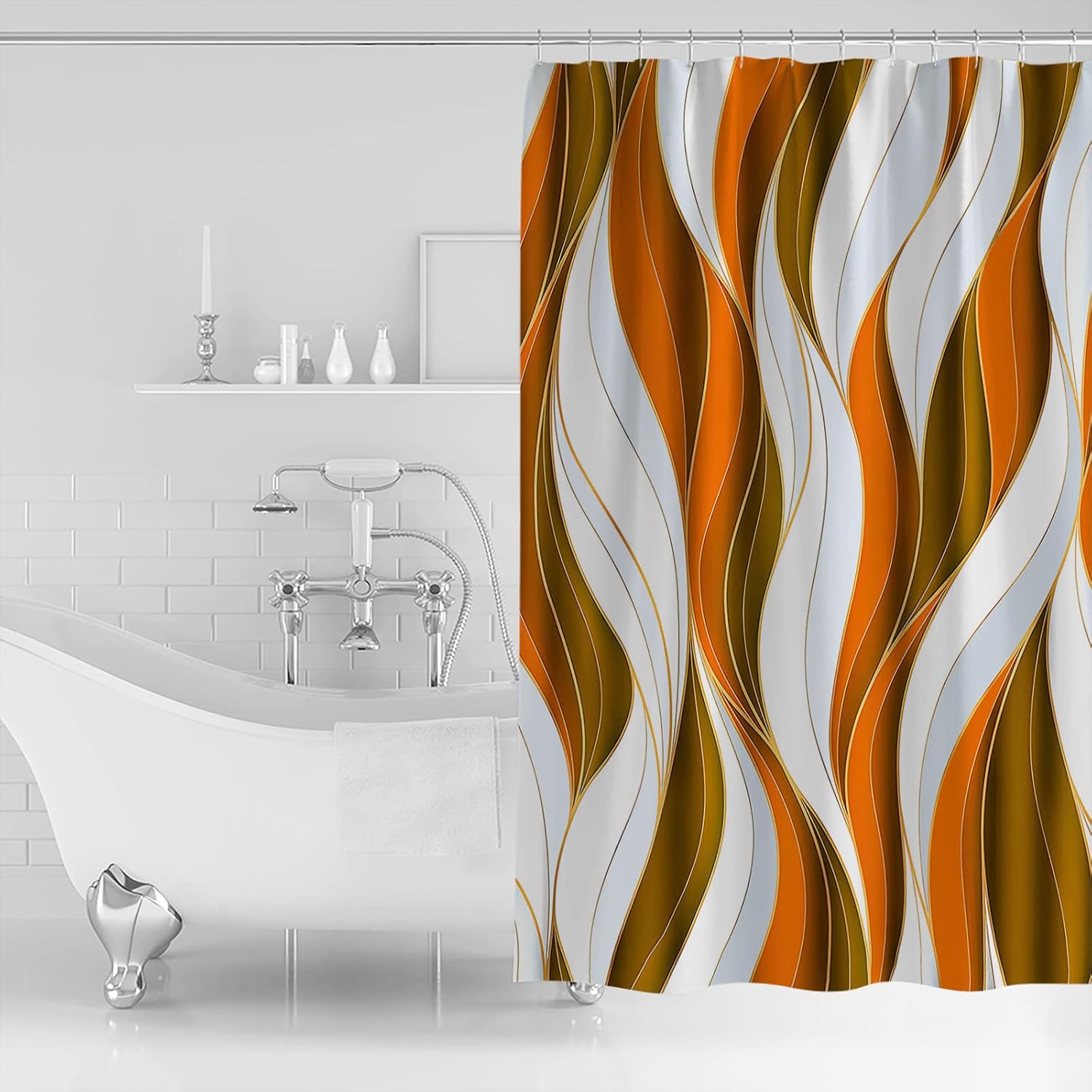 Shower Curtains for Bathroom Accessories, Orange Brown Polyester Fabric Bathtub Curtain with 12 Hooks, White Moire Geometric Modern Abstract Art Waterproof Shower Curtains 72 x 72 Inches