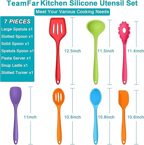 Miniatura 2 de TeamFar Utensilios de cocina de silicona, juego de utensilios de cocina de 7 piezas con cuchara giratoria, espátula cucharón, perfecto para hornear