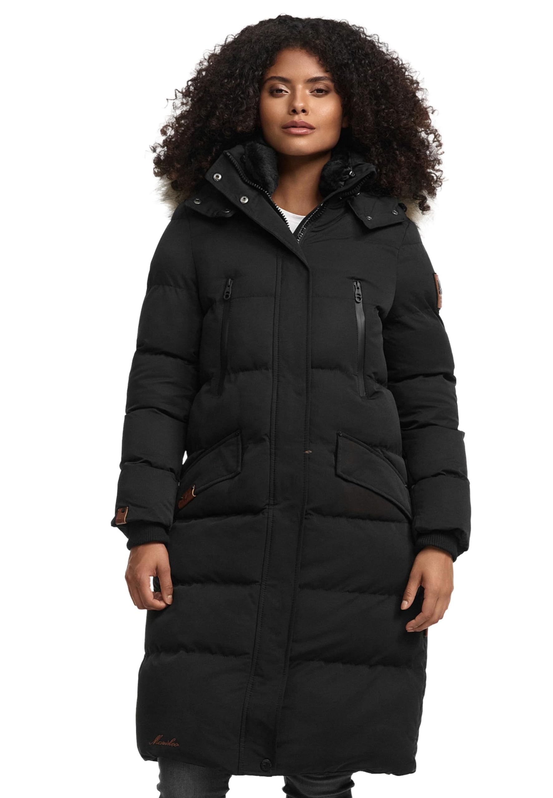 Marikoo Damen Winterjacke Lange Steppjacke mit Kapuze – B890-Schneestern-Schwarz-Gr.S