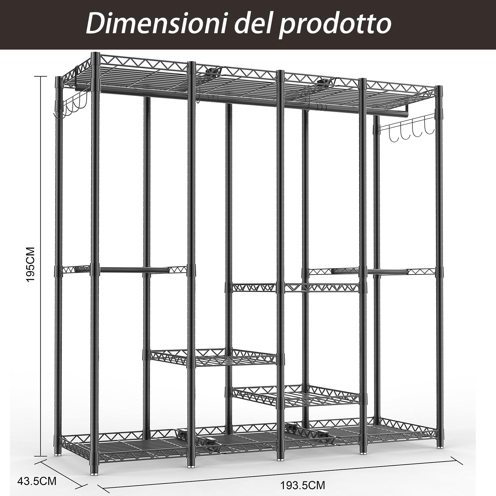 AQRA Stand Appendiabiti in Metallo, Altezza Del Ripiano Regolabile, Grande Capacità Guardaroba, 4 Metodi di Assemblaggio, per Appendere i Vestiti, Riporre i Vestiti, 193,5W×43,5D×195H (Nero)