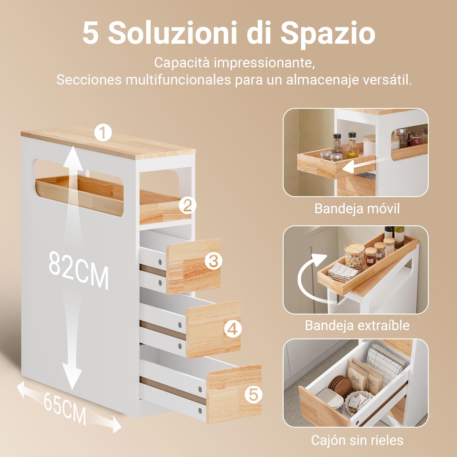 SoBuy Carrito Cocina con Ruedas Blanco y Madera 65 x 23 x 82 cm | Mueble Auxiliar de Cocina con Encimera, Cajón y Estantes Abiertos Cajonera Estrecha, Armario Almacenaje, BZR54-III-WN