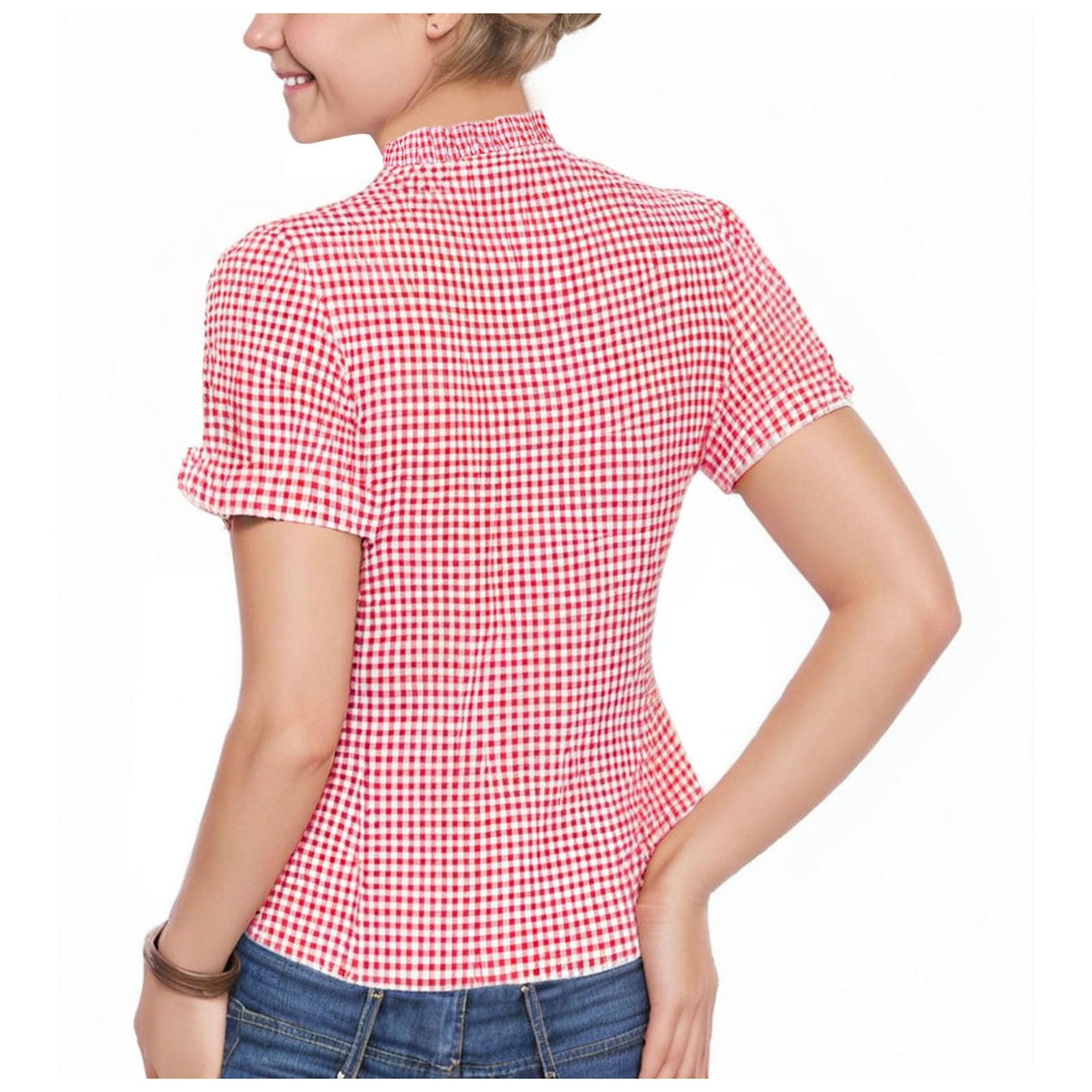 Trachtenbluse Damen Kariert, TrachtenShirt Damen Kurzarm Rot Weiß/Blau Weiß Puffärmel Trachtenblusen Edler Kordelzug Mit Rundhalsausschnitt Karohemd Für Bierfest Oktoberfest Karneval
