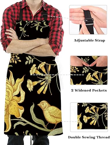 Miniatura 3 de Vintage Gold Azalea Flower Bird and Butterflies Waterproof Apron With Pockets,Abstract Black Kitchen Chefs Bib Cooking BBQ Grill Bake Adjustable