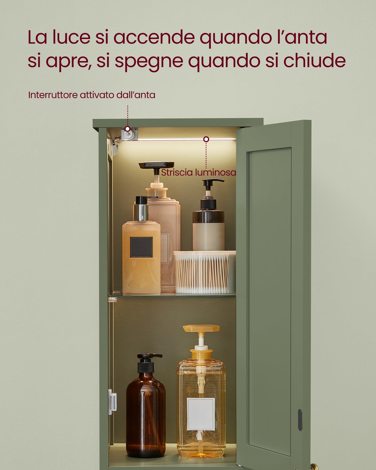 VASAGLE Mobile da Bagno con Luce, Mobiletto da Bagno Salvaspazio, Armadietto da Bagno a Colonna con Ripiani Regolabili, Largo 40 cm, per Piccoli Spazi, Moderno, Verde Foresta BBC766CH03