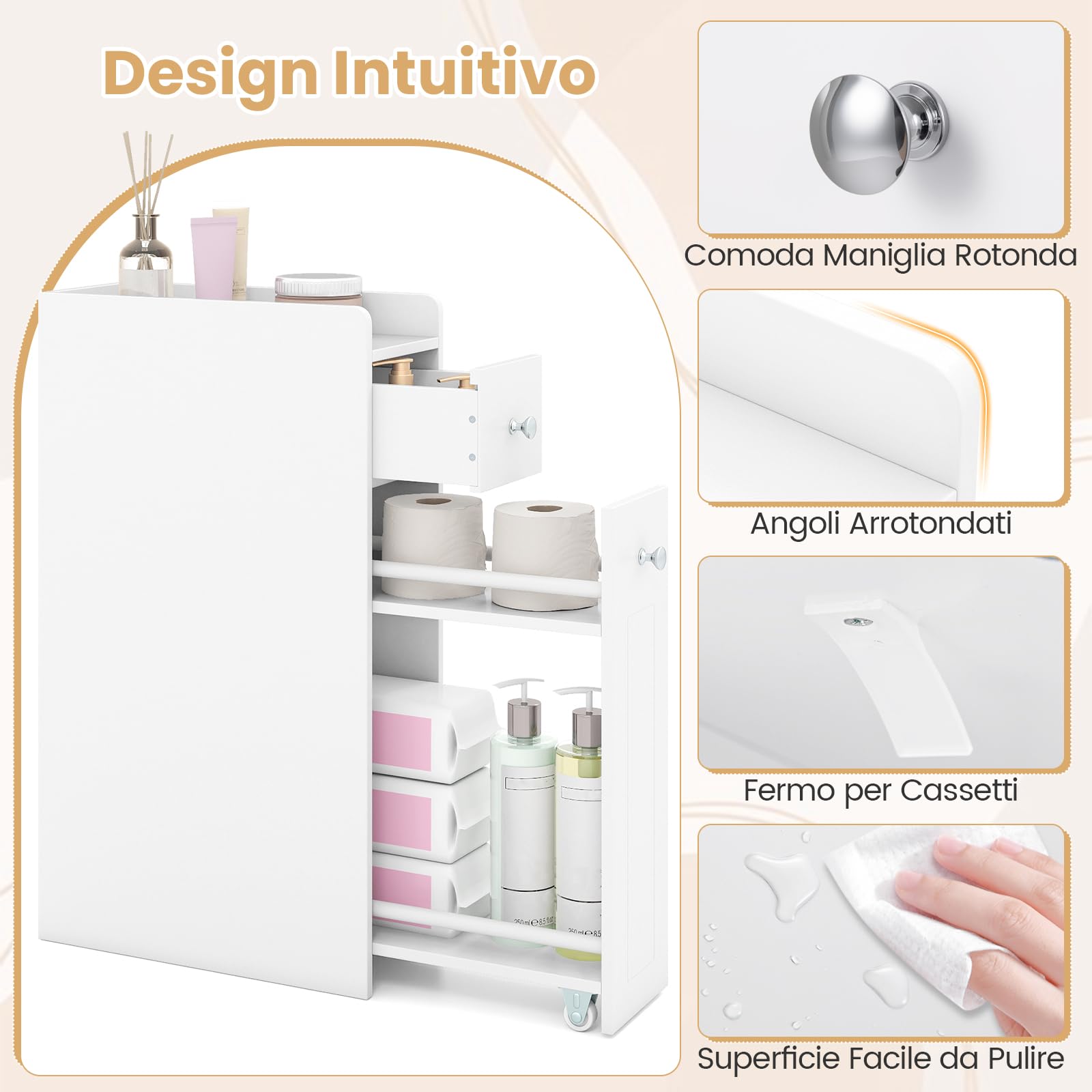 COSTWAY Mobile da Bagno Piccolo, Mobiletto Salvaspazio Stretto a 4 Ripiani con Cassetti Estraibili su Ruote, Credenza Sottile da Terra Porta Carta Igienica per Spazi Ridotti (Bianco)