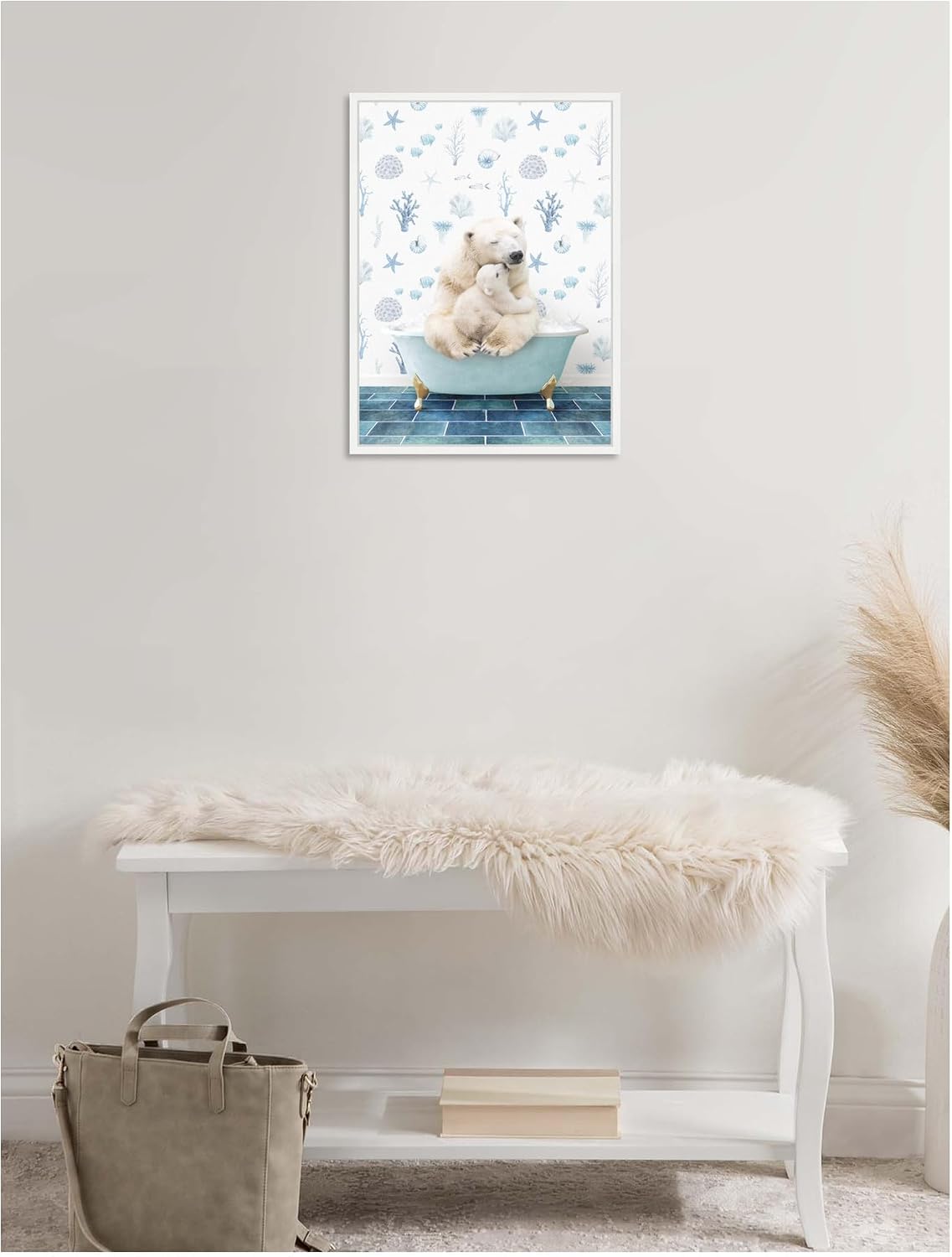 Kate and Laurel Mother and Baby Polar Bear in Under the Sea Bathtub Framed Canvas Wall Art by Amy Peterson 18 x 24 Sylvie White, Whimsical, Animals, Bathroom, Beach Art for Wall Decor, Living Room,