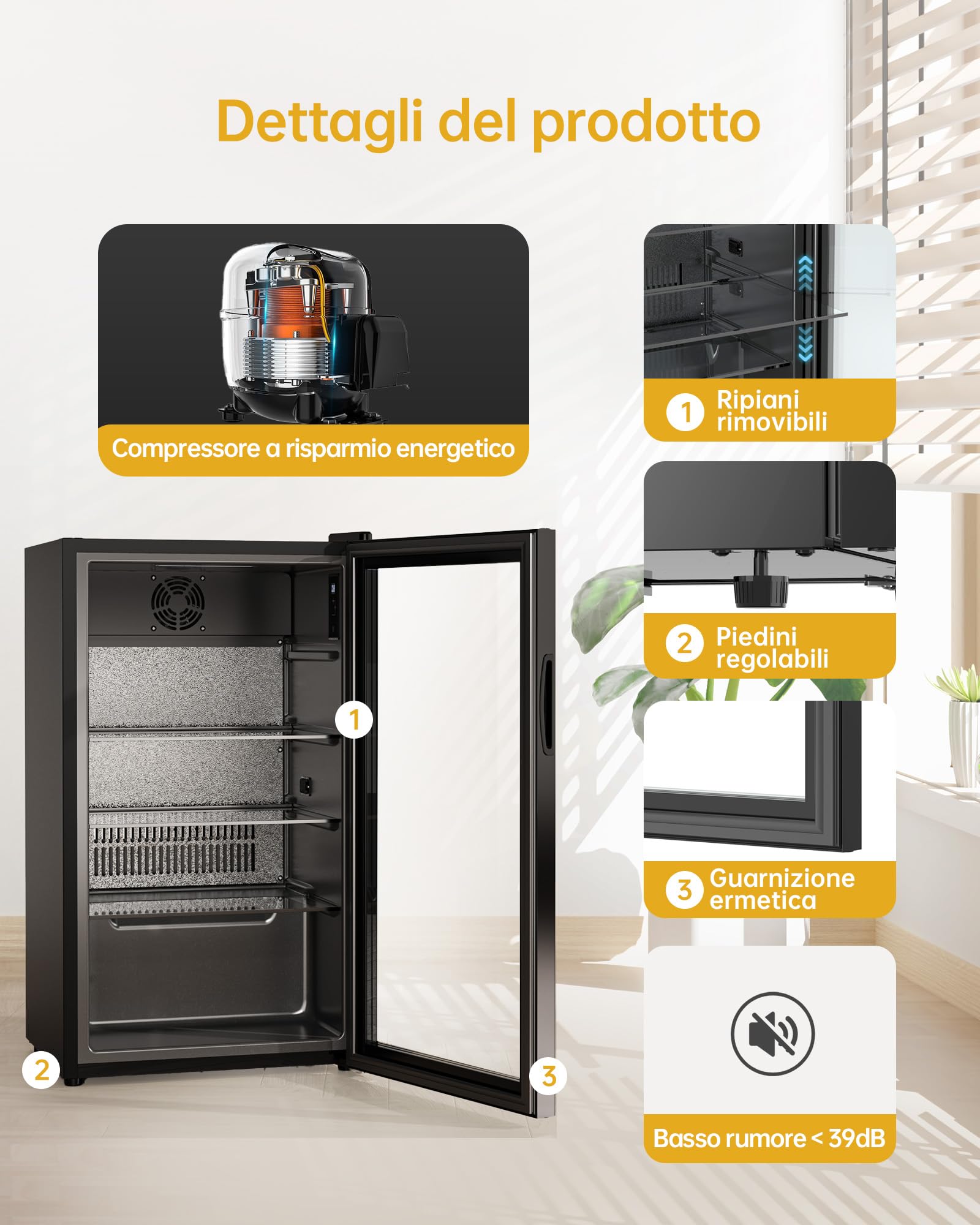 WIE Professional Mini Frigo per Bevande, Frigorifero per Bevande Con Porta in Vetro, 3 Ripiani Regolabili, Controllo Intelligente, Porta Reversibile, Perfetto per Casa/Bar/Ufficio/Hotel (Nero 86L)
