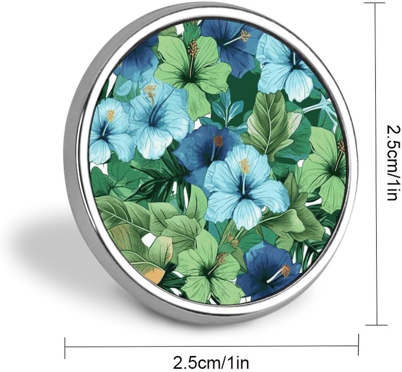 Round Metal Lapel Pin, Aluminum Alloy, Green And Blue Hibiscus image 2