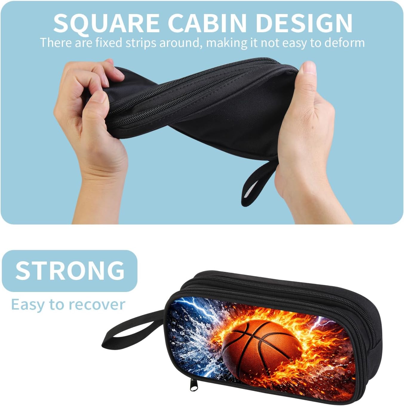 Boys Pencil Case Large Capacity, Basketball Pencil Pouch for Kids Teens, Pencil Case for School, Cool Fire Sports Pen Bag Organizer with 2 Compartments, Gamer Style - F&W Basketball image 5