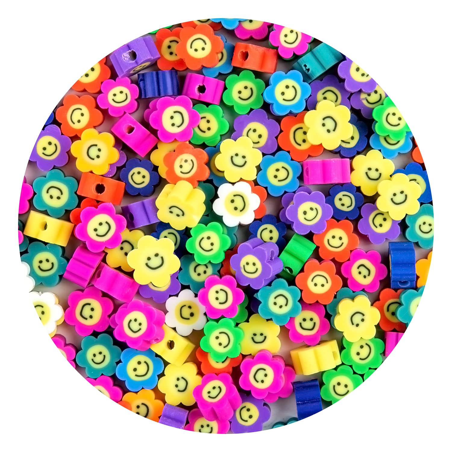 MyRalice 300 Pieces Smiley Face Beads for DIY Jewelry Making, 6x10mm Colorful Happy Face Flower Spacer Beads Charm Polymer Clay Beads for DIY Bracelet Earring Necklace Making