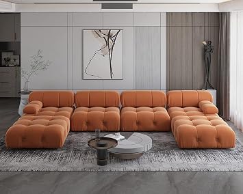 JACH U-Shaped Modular Sectional Couch, 138"" Minimalist Velvet Sofas, Convertible Couches, Mid-Century Modern Sectional Sofa with Chaise Ottomans for Living Room Apartment Orange, 105OR-U-U