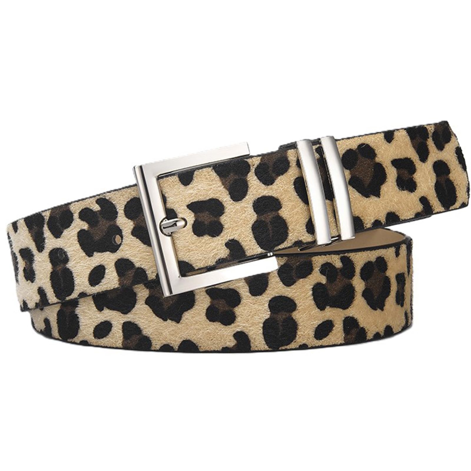 AGUTALITHIC Womens Embossed Belt for Jeans Dress Pants 3.3cm Wide PU-Leather Strap with Heavy Duty Silver Prong Square Buckle(105cm/41, Leopard)
