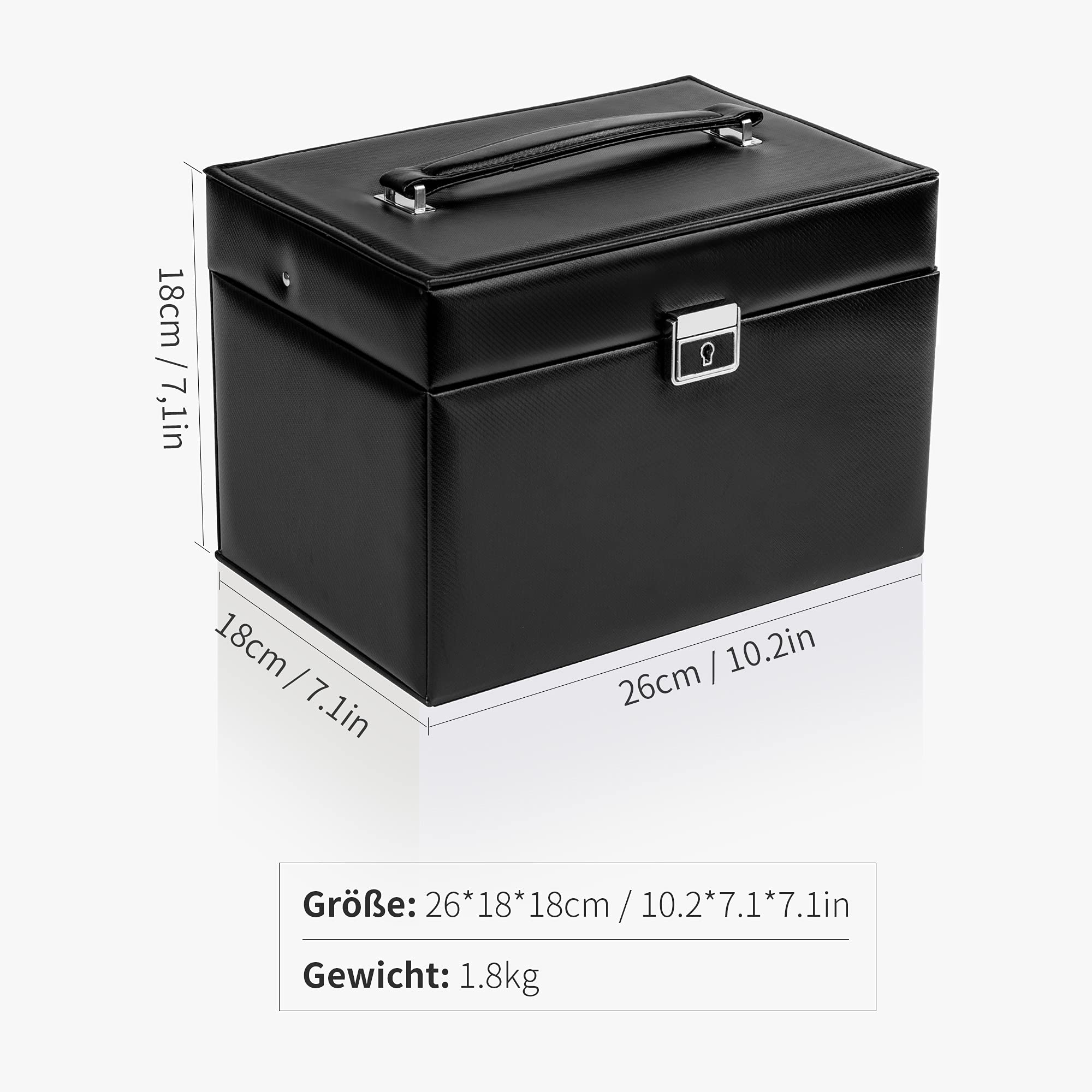 ADEL DREAM Schmuckkasten Schmuckkästchen mit 2 Schubladen abschließbarer Schmuck-Organizer mit Spiegel PU Leder Schmuckaufbewahrung für Ringe Armbänder Ohrringe Samtfutter Schwarz