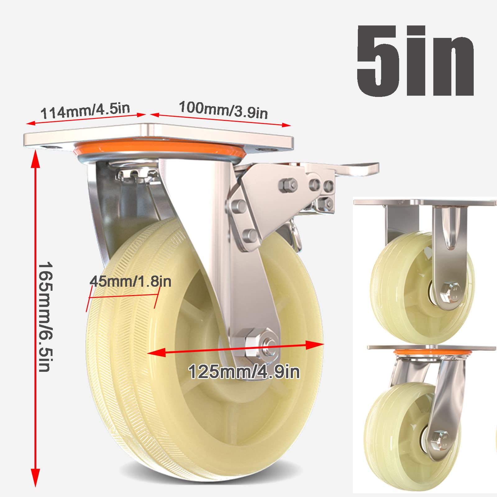 Set di 4 Ruote industriali a C Resistenti da 5 Pollici in Nylon per mobili, silenziose e Portatili, con Freno, Larghe 45 mm, rulli di Ricambio per Una Facile Mobilità.