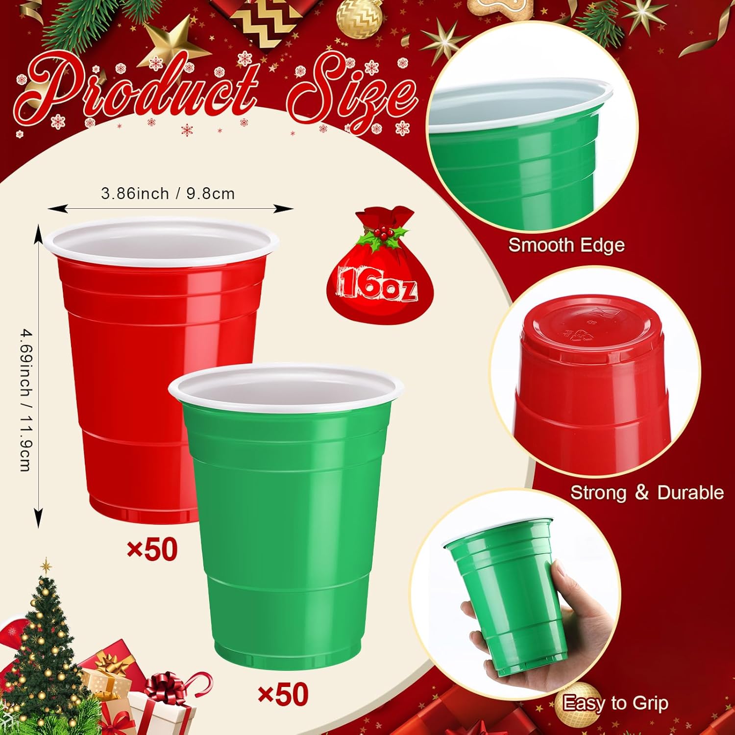 100 Pcs 16 Oz Christmas Plastic Cups Red and Green Disposable Shot Cups Bulk Holiday Christmas Party Cup Shot Glasses for Drinking Beverage Xmas Winter Party Supplies Camping Picnic Birthday