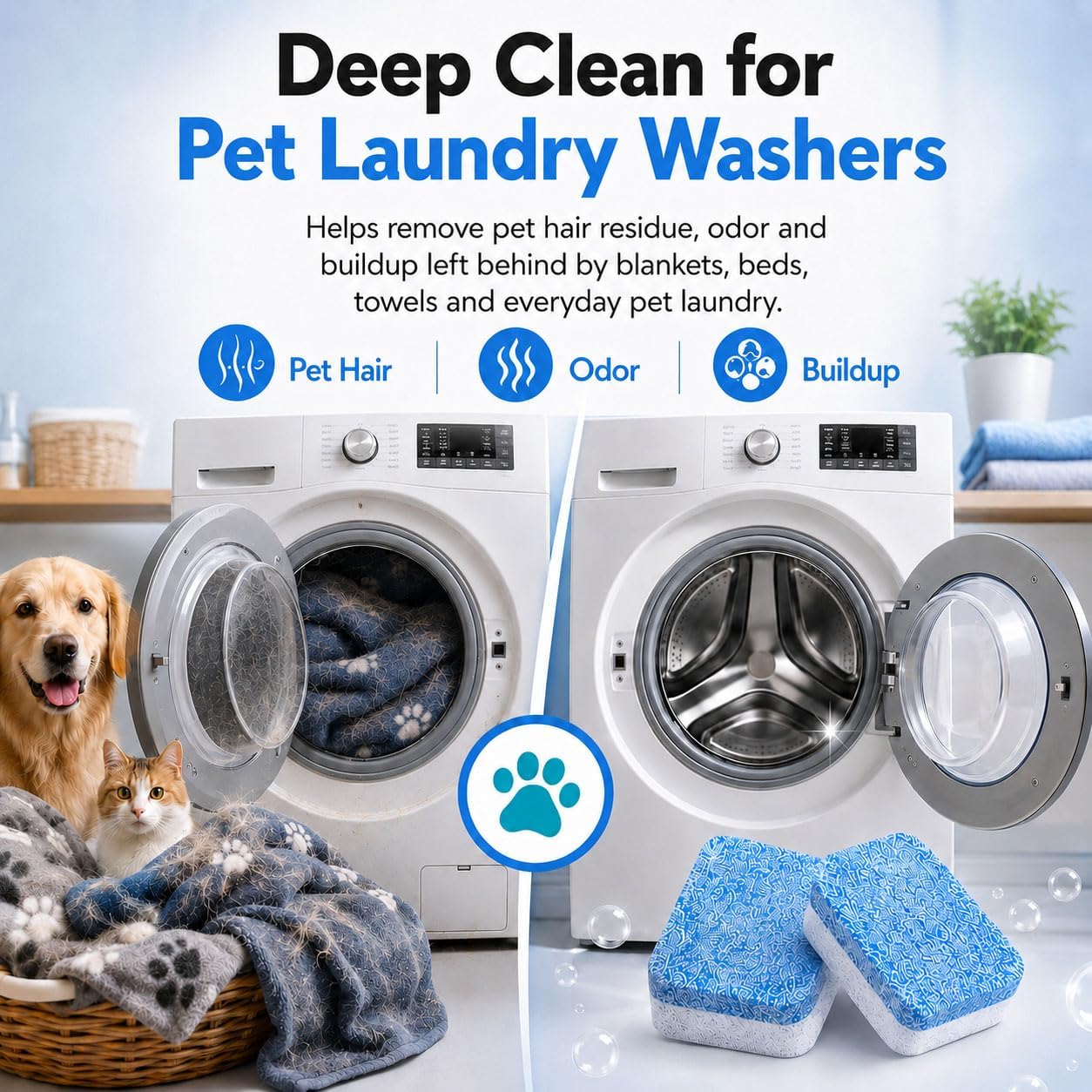 Washing Machine Cleaner Tablets, 24 Count Washer Cleaner and Deodorizer Tabs for Pet Hair, Odor, Residue & Buildup, Deep Cleaning Washing Machine Cleaner for Front Load, Top Load & HE Washers