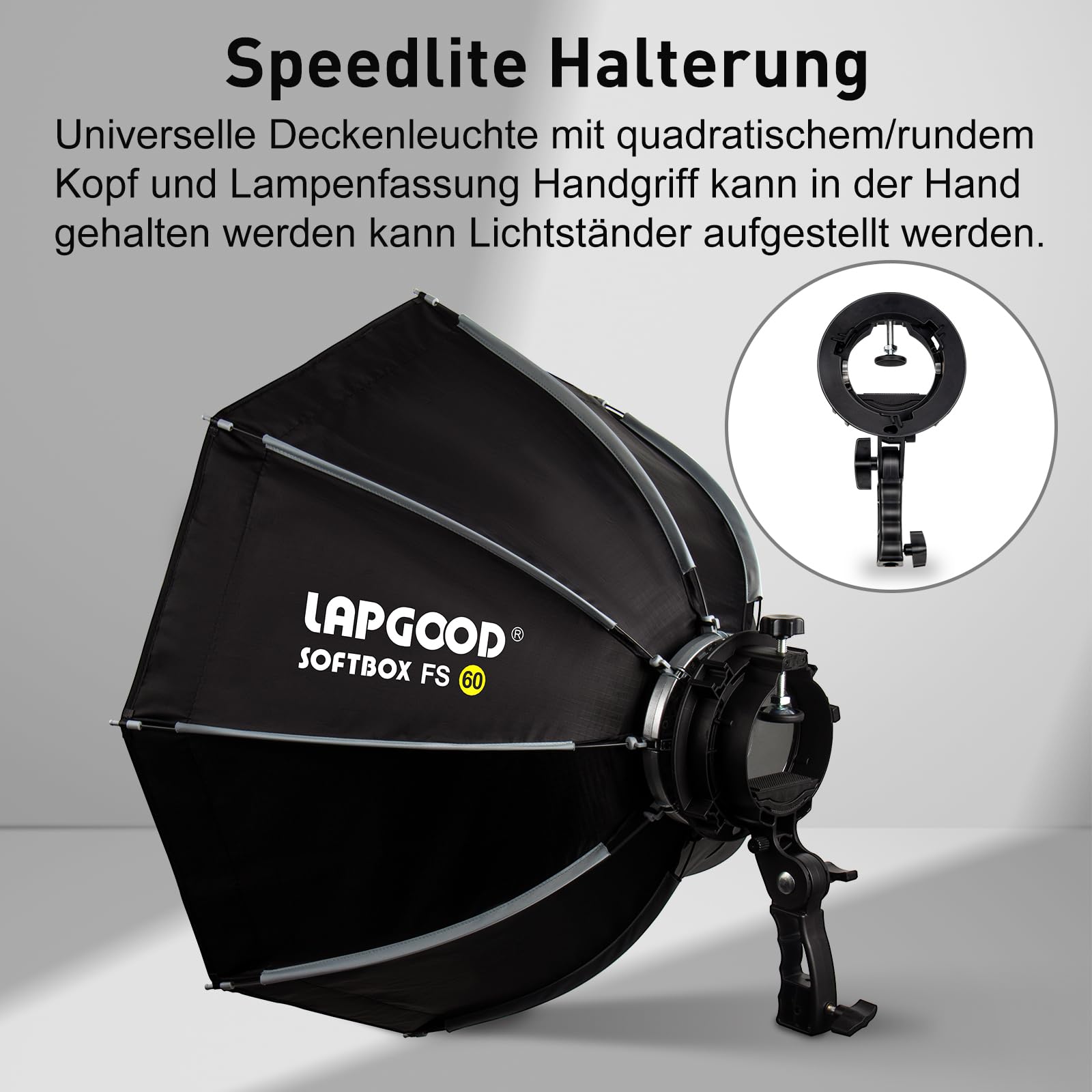 Bowens Mount Softbox 60cm LAPGOOD FS60 Softboxen, Quick Release Faltbare Softbox mit Honeycomb Gitter, S-Typ Blitzhalterung, Bowens Mount und Tragbartasche, Soft Box für Studio Photography Video Blitz