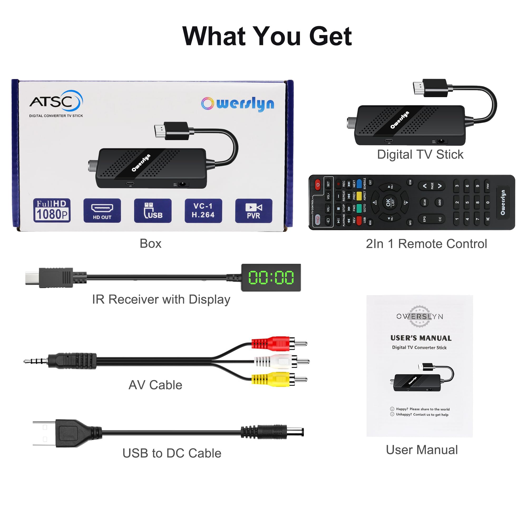 Decoder DVB-T2, OWERSLYN Decoder Digitale Terrestre 2024 HD 1080P H265 HEVC Main 10 Bit, HDMI CEC TV Stick Supporto Uscita HDMI/AV e USB Multimediale/PVR Recorder [Telecomando 2in 1 con comandi TV]