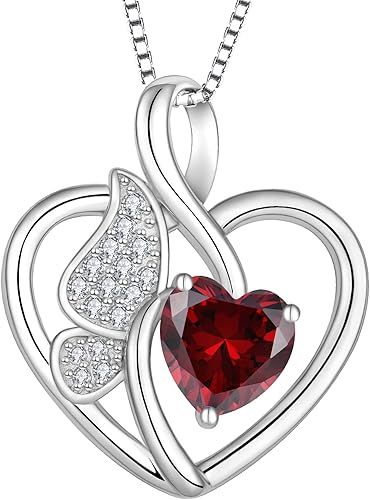 Lwsary Butterfly Necklace 925 Sterling Silver Love Heart Pendant with Birthstone, Jewelry Gift for Woman Mother Mom Wife Her Girlfriend Girl