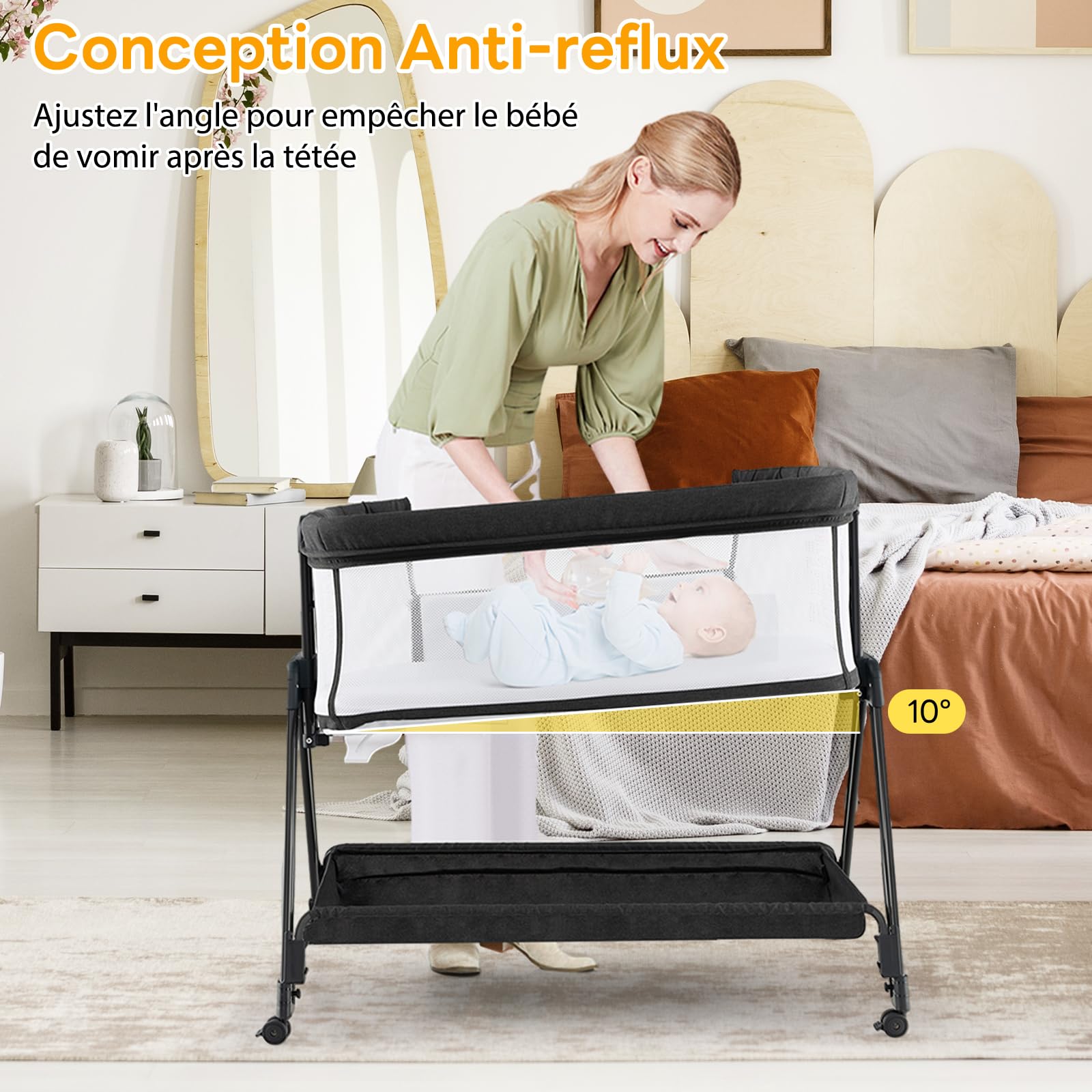 DREAMADE Lit Cododo Pliable Bébé 0-6 Mois avec Matelas Berceau Nouveau-Nés Portable avec Hauteur Réglable,Roues Universelles Lit Parapluie avec Fenêtre en Maille,Corde Fix,Charge 9+2KG (Gris Foncé)