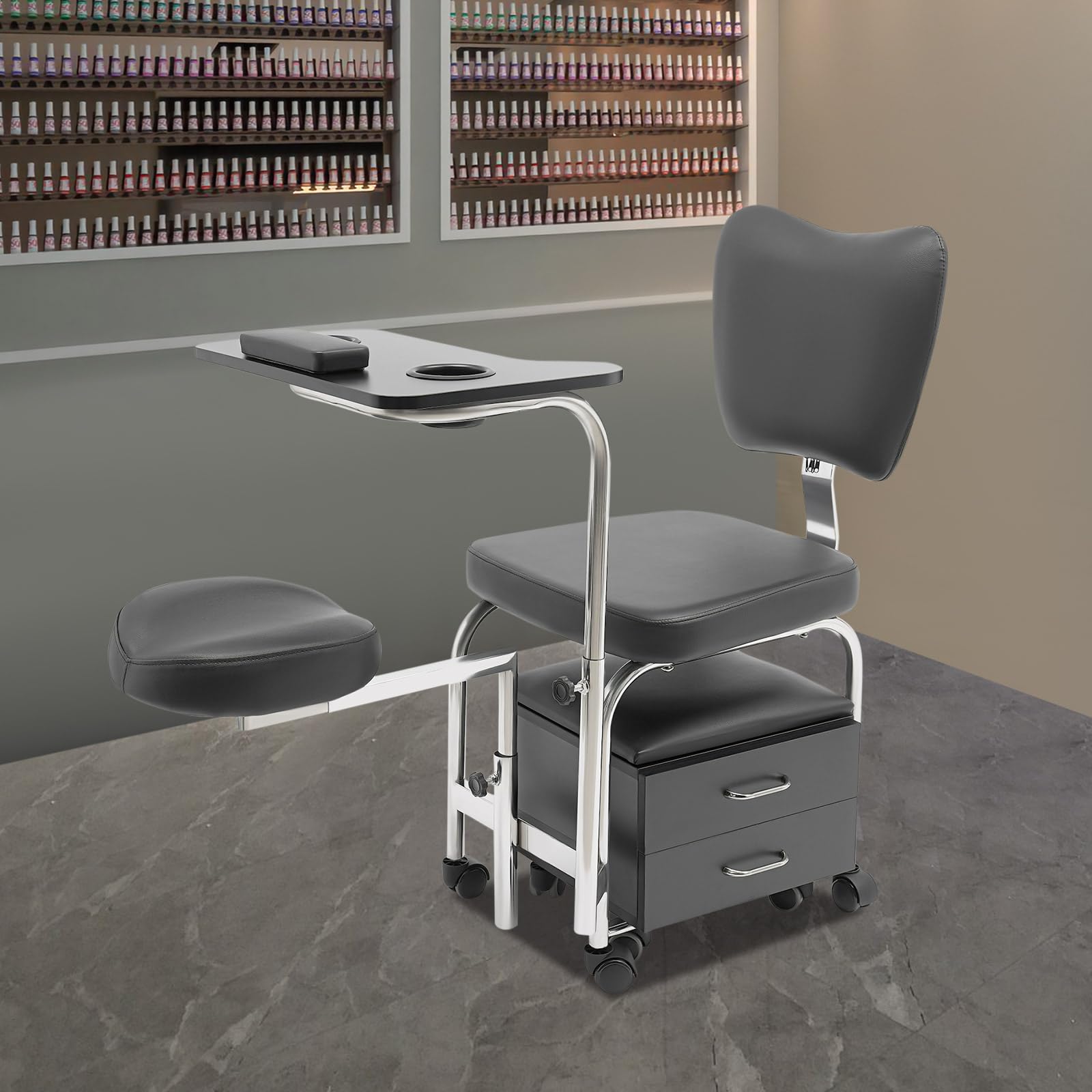 Sedia per manicure pedicure con altezza regolabile, tavolo per unghie da parrucchiere, sgabello da massaggio con 8 ruote, 2 cassetti, armadietto per salone di unghie (nero)