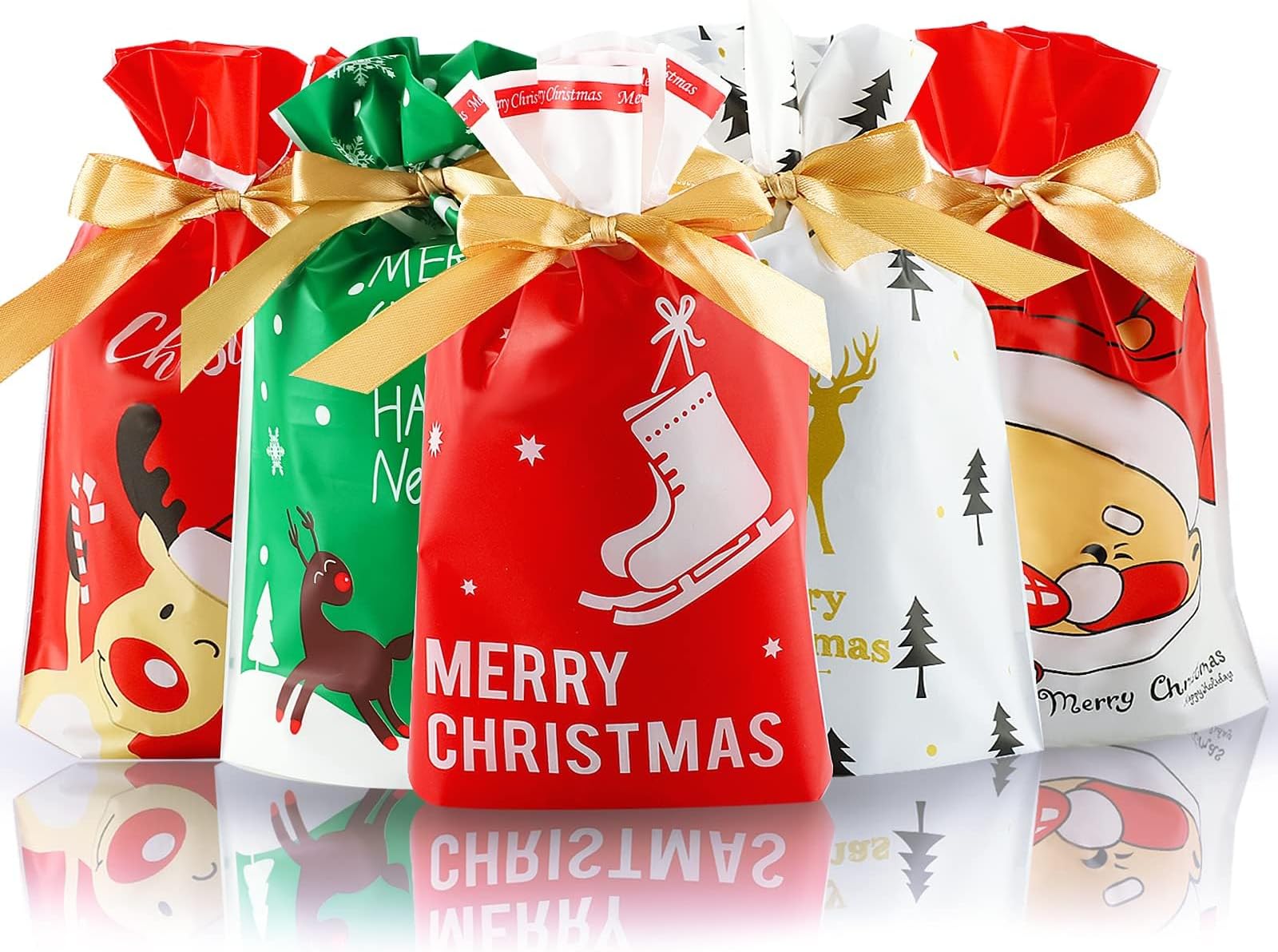 NEXCURIO50 Pcs Christmas candy bag Christmas treat bags Candy Goodies Plastic Drawstring Gift Bags Merry Christmas Treat Bags for Birthday Party Snack Wrapping Wedding Gift Party Favor Merry X-mas