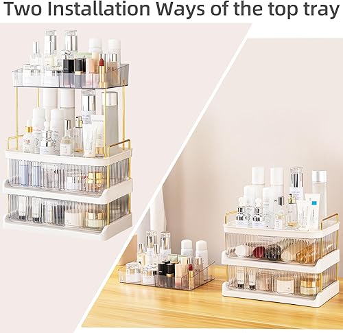 Miniatura 5 de Organizador de maquillaje para tocador, organizador de cuidado de la piel de gran capacidad con cajones y soporte para lápiz labial, para