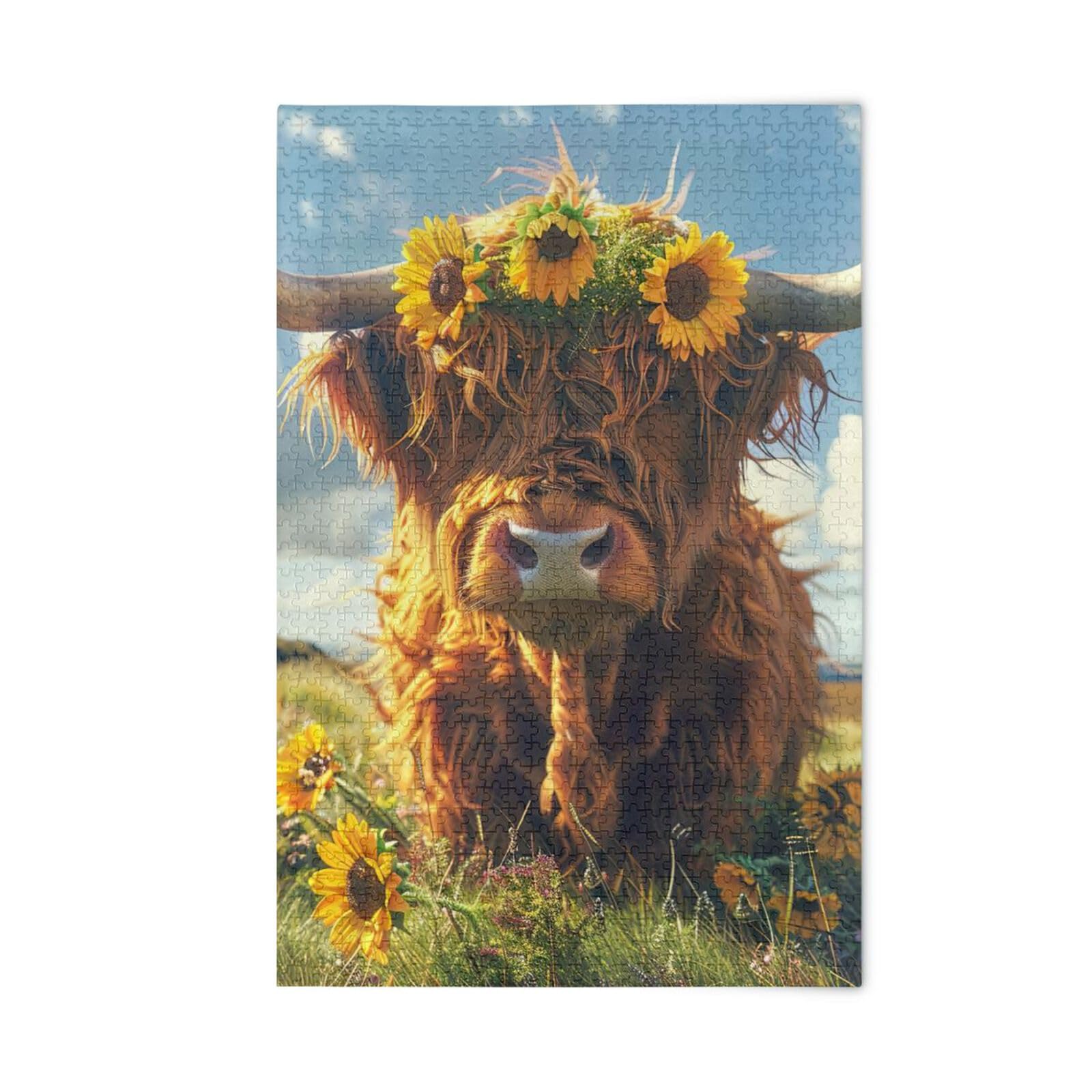 1000-Piece Highland Cow & Sunflowers Jigsaw Puzzle For Adults - Challenging Floral Art Puzzle, 19.7x27.5 Inches, Family Game Night