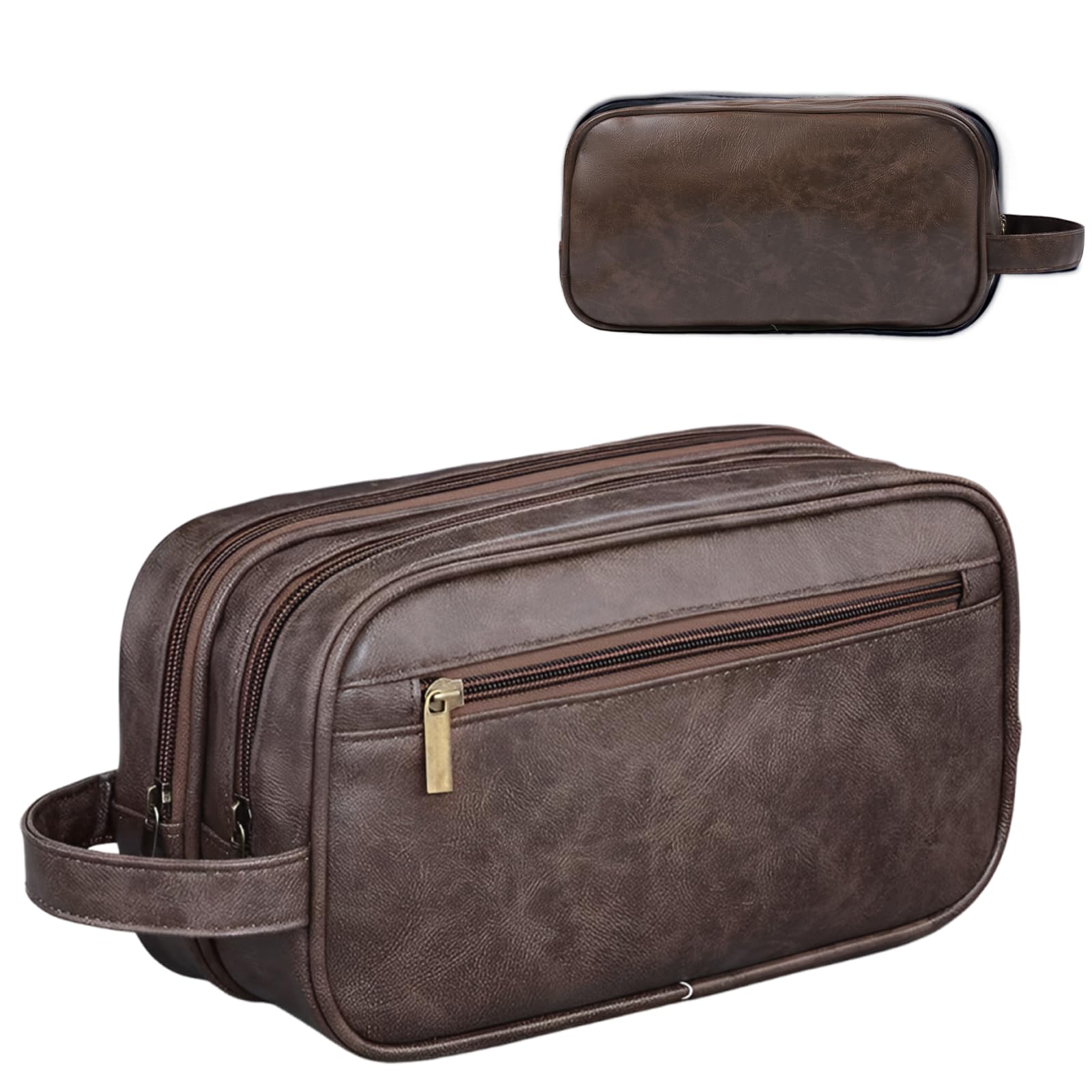 HEWTHM Mens travel toiletry bag Gift For Men, PU Leather Cosmetic Bag Water Resistant Dopp Kit Shaving Pouch Bathroom Toiletries Organizer(Coffee)