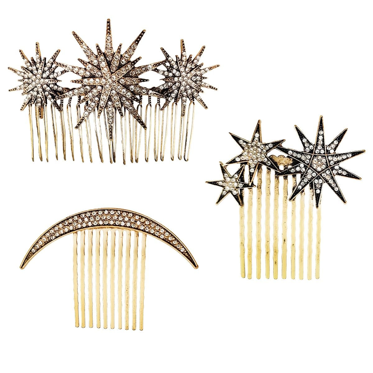 3PCS Alloy Vintage Hair Side Combs for Women, Moon Star Retro Rhinestone Metal Hair Clips with Teeth Grip, Clasp Barrettes Pins for Bride Wedding, Women and Girls Hair Decoration