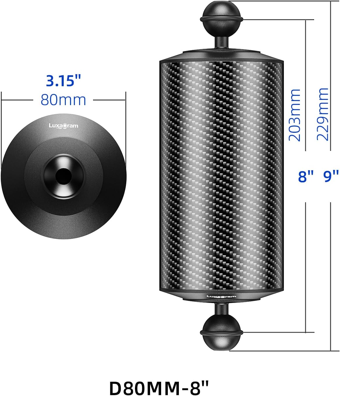 D80mm 8'' Carbon Fiber Buoyancy Arm for Underwater Photography, Professional Float Arm, Fits Camera Housing, Diving Tray, Video Light & Strobe