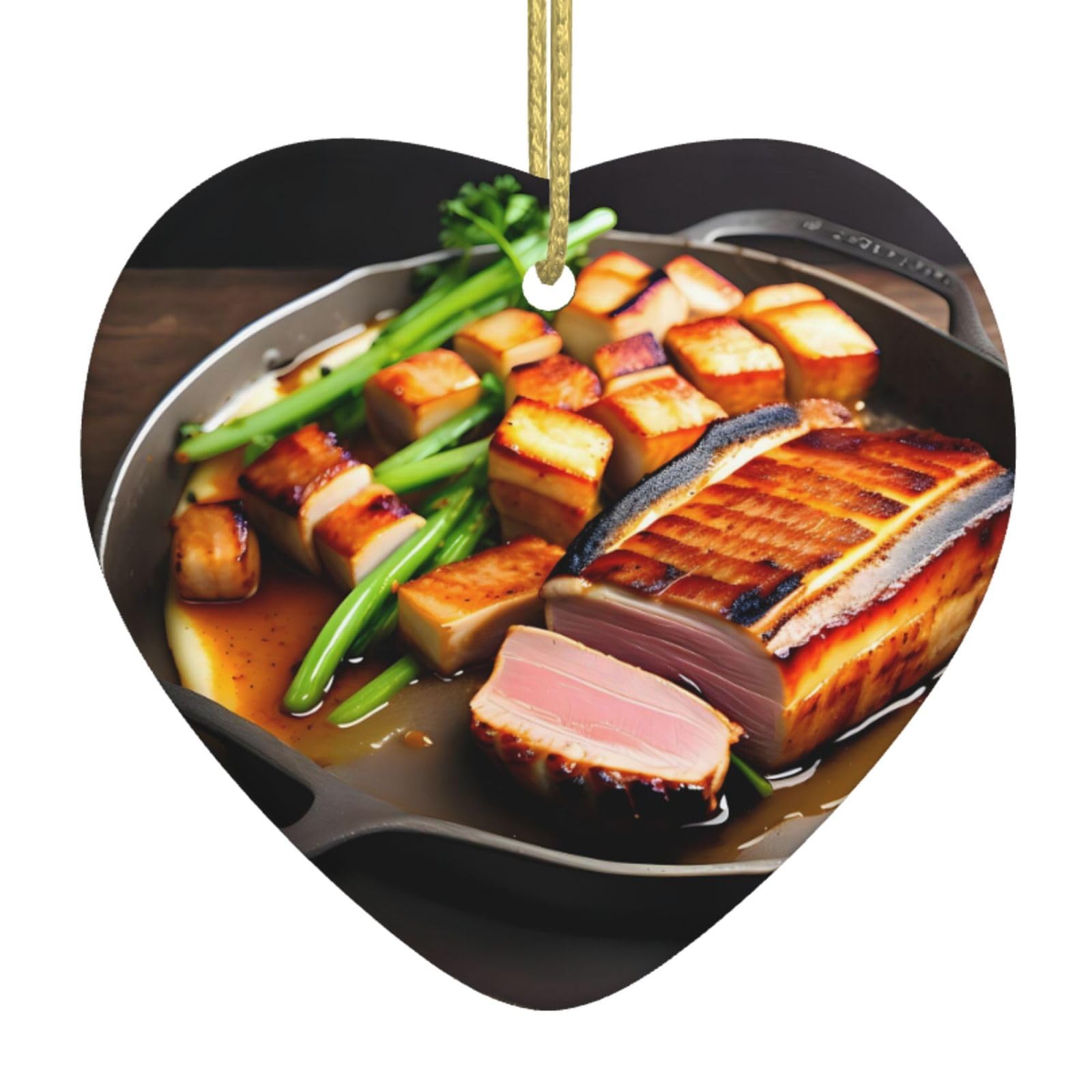 Delicious Grilled Meat Ceramic Christmas Heart Pendant with Silk Thread, Christmas Tree Home Decoration