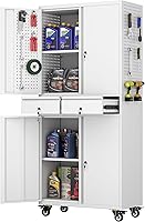 Vista 22 de Armario de almacenamiento de escoba con ruedas, 5 tableros de clavijas y 13 ganchos, armario de almacenamiento de metal con puertas y 4 estantes