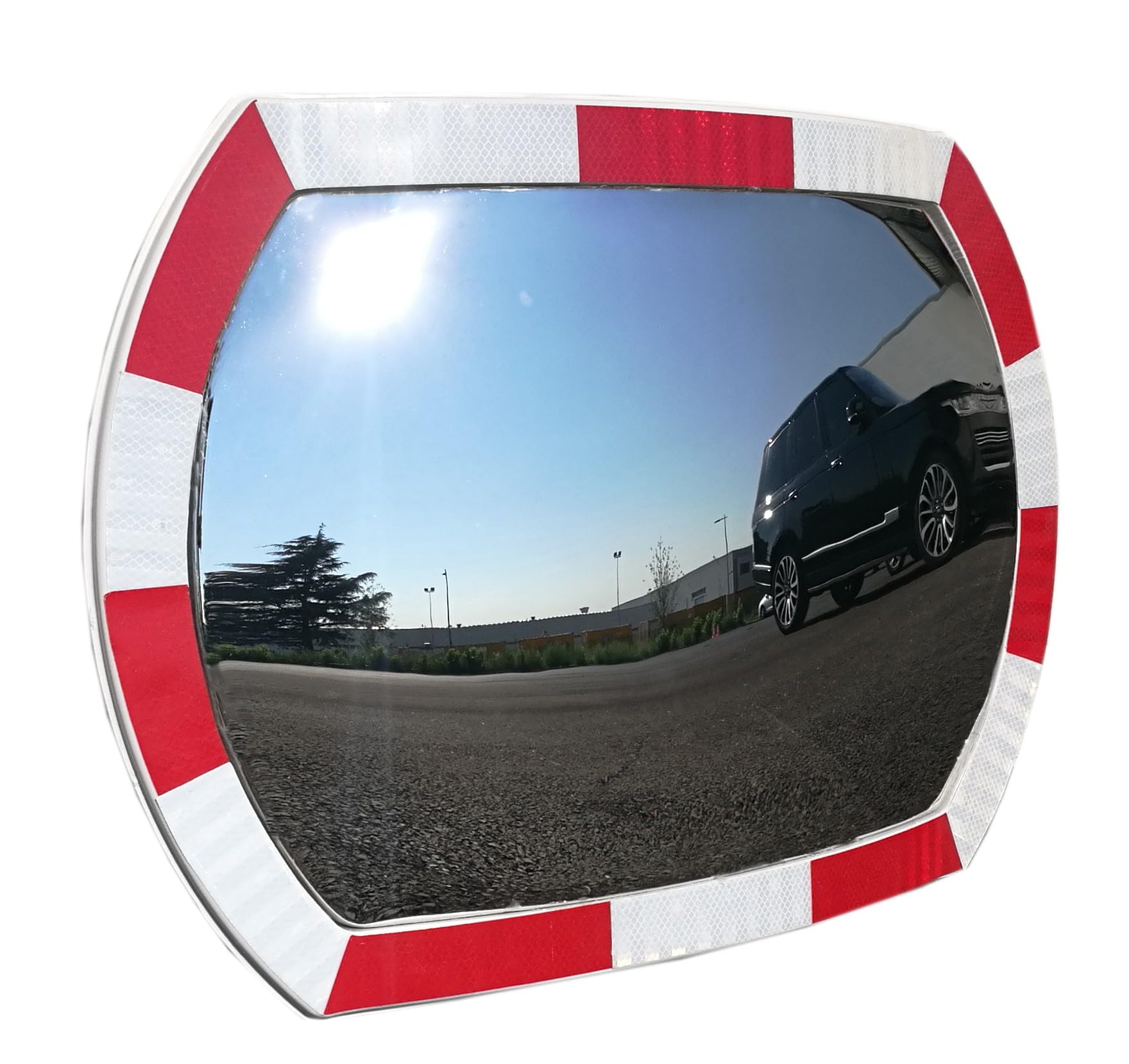 Miroir de sécurité convexe rectangulaire en polycarbonate rouge et blanc - Pour sécurisation routière, usage extérieur et intérieur - Antichoc, résistant aux intempéries, visibilité accrue - 810 x 540