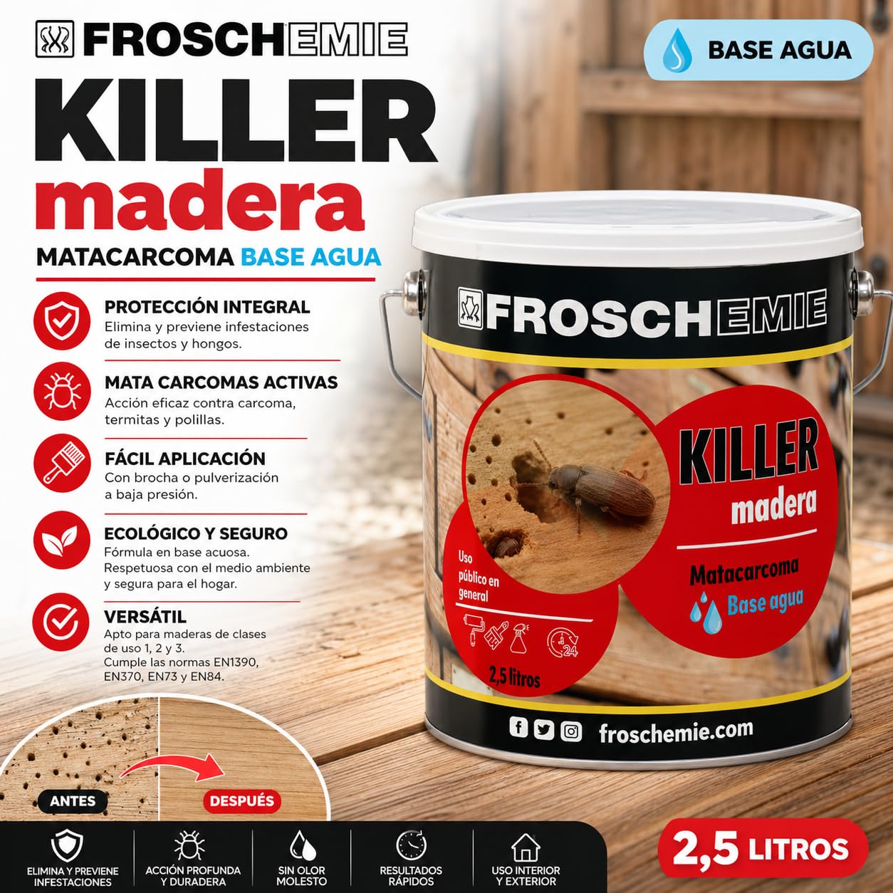 Matacarcoma para Madera 2,5L – Elimina Carcoma Activa y Previene Reinfestación | Base Agua Sin Olor | Tratamiento Preventivo y Curativo Interior/Exterior | Secado 24h | Killer Madera (2,5L)