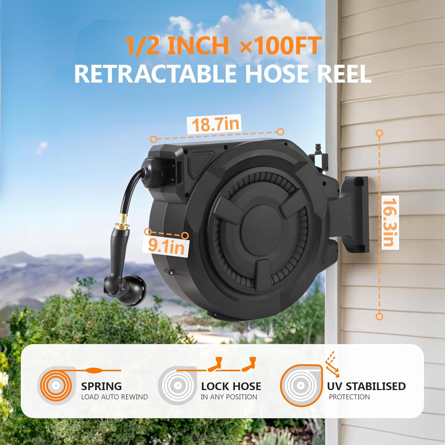 wikiwiki Retractable Garden Hose Reel 1/2 in x 100 ft, Heavy Duty Wall Mounted Hose Reel with 10- Function Sprayer Nozzle, Automatic Slow Return System/180°Swivel Bracket/UV Resistant (Black)
