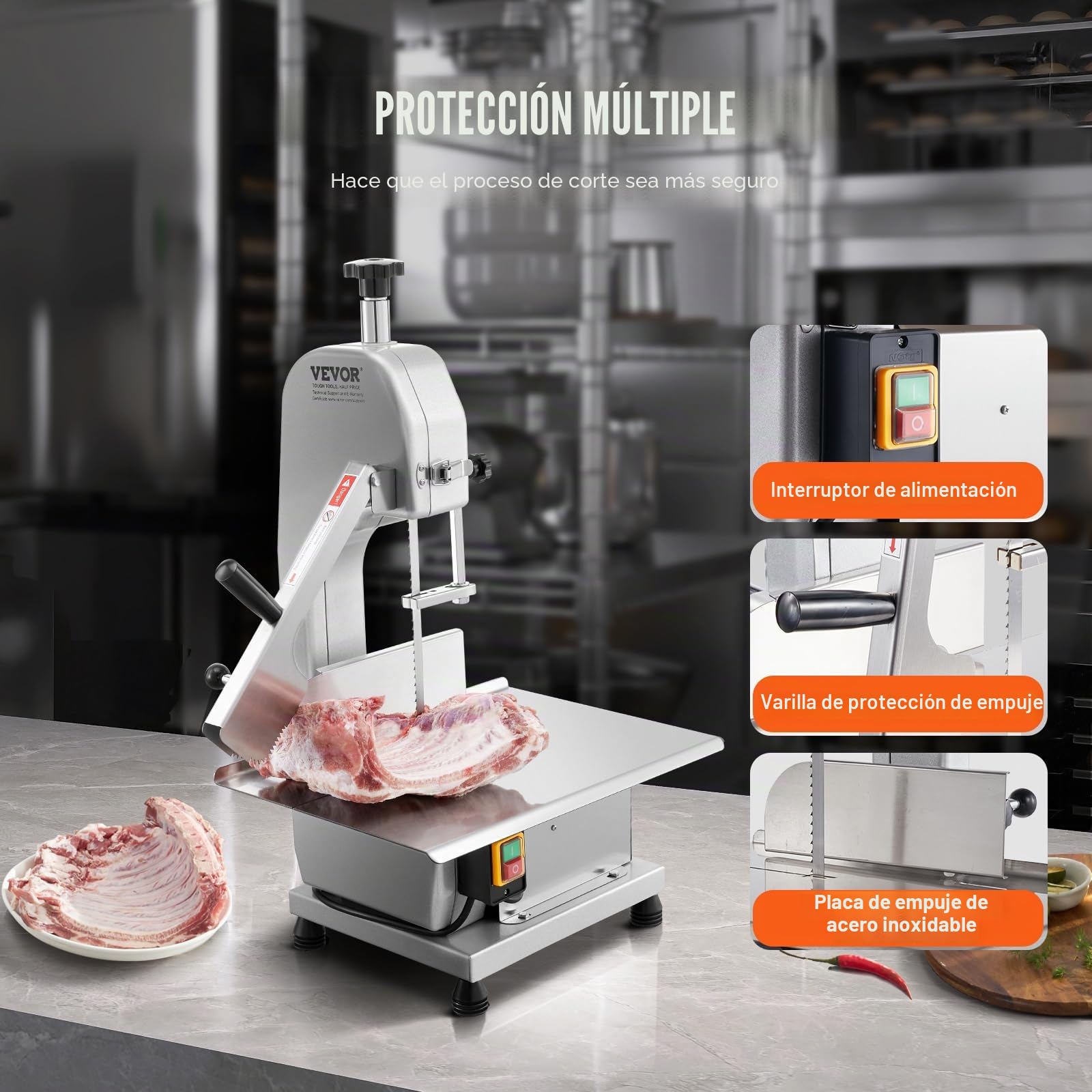 VEVOR Sierra de Cinta Eléctrica Comercial para Carne y Huesos de Acero Inoxidable de 650 W para Encimera, Grosor Máximo de Corte de 110 mm, para Costillas de Cerdo y Res, 415 x 483 x 750 mm, Plata