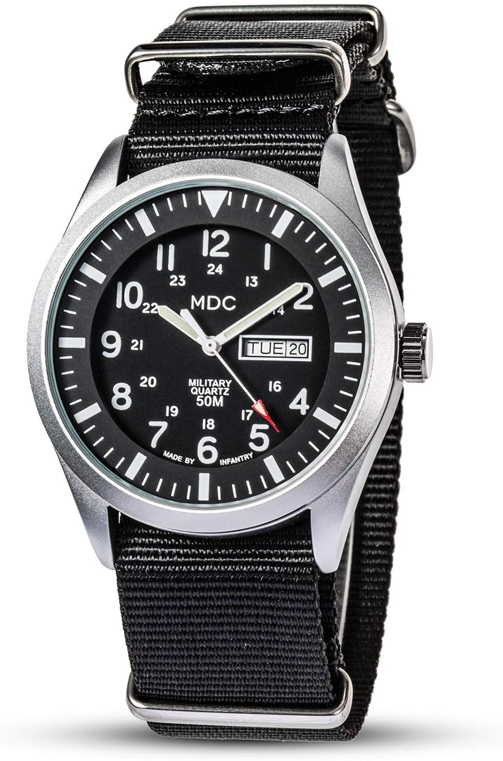 MDC Mens Military Watch, Black Tactical Field Watch for Men, 12/24H Military Time Analog Watch with Day Date, Waterproof Work Watch with Black Nylon