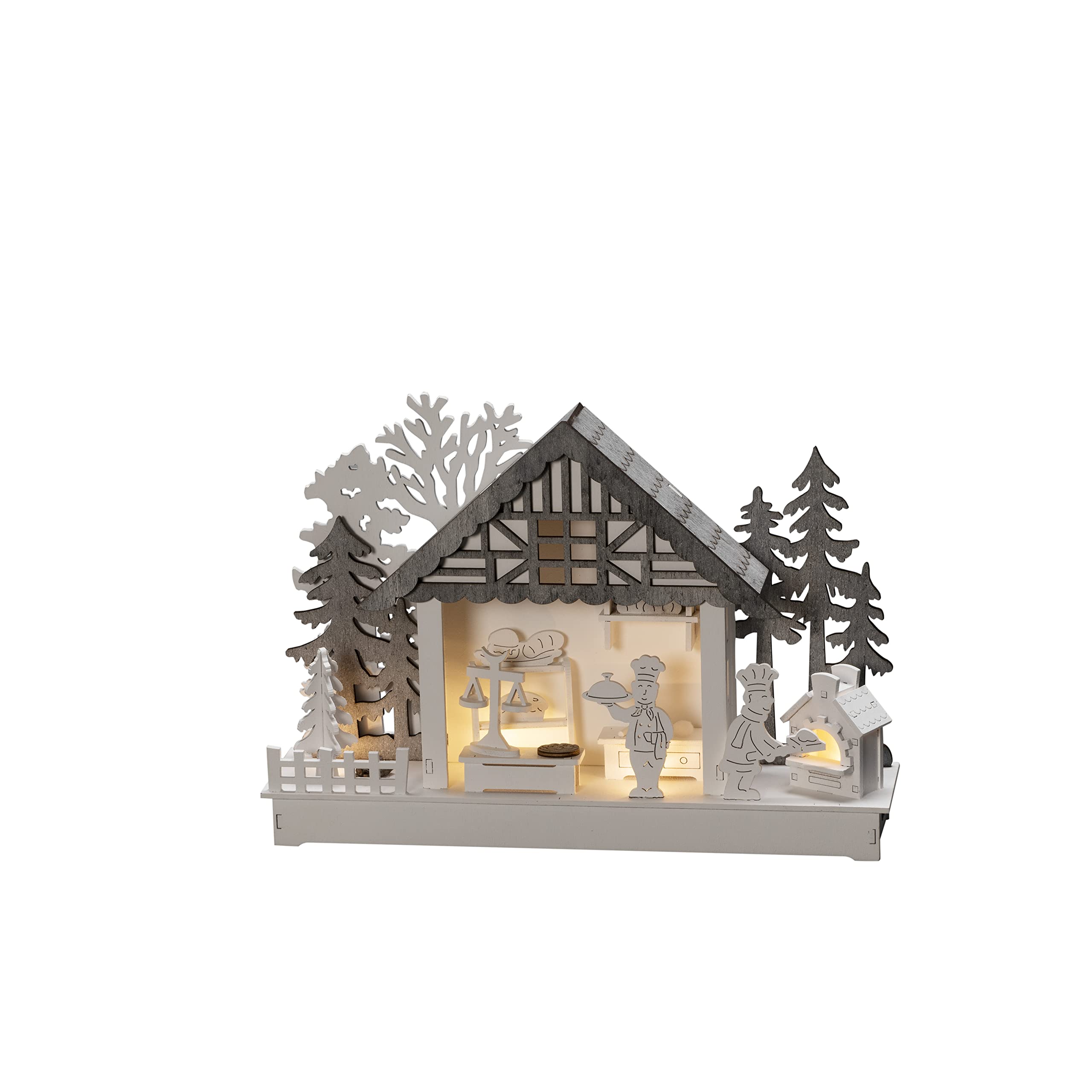 Konstsmide Silhouette en bois à LED, blanc, « maison et boulangerie », minuterie 6H, 4 diodes blanc chaud, à piles, intérieur, Câble transparent - 3262-210