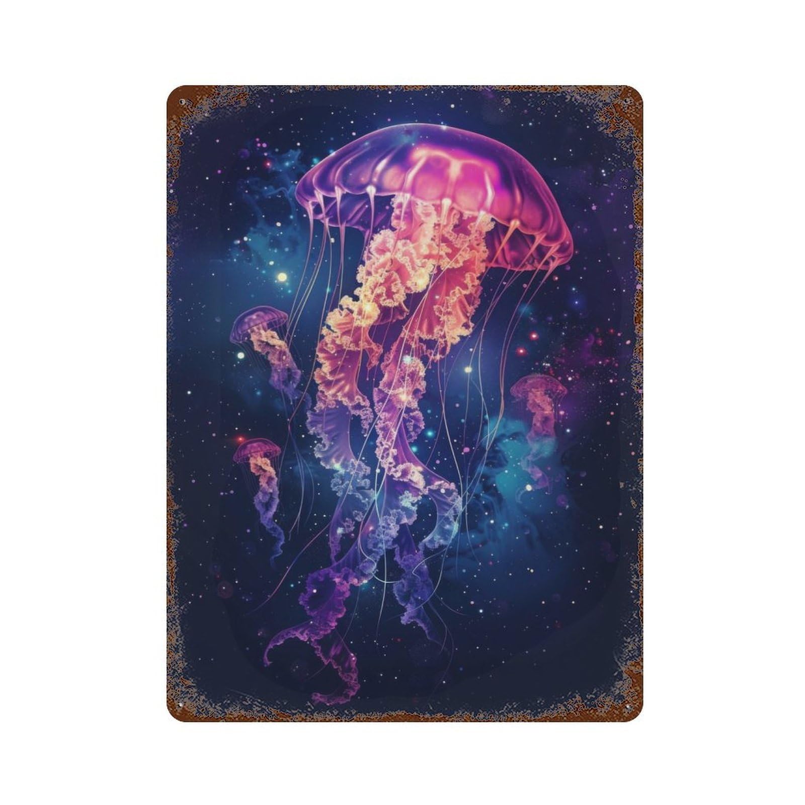 Vintage Rust Metal Sign with Jellyfish Galaxy Design 15.7"x11.8", for Garage, Bar And Workshop Decor, Retro Wall Decor