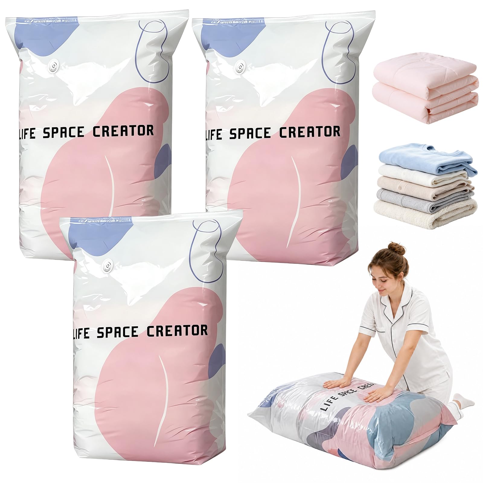 Vacuum Storage Bags, Large Capacity 3D Compression Bags for Clothes Duvet Bedding Blankets Comforters Pillows Travel & Home, No Pump Press & Seal Space Saver, Reusable Heavy Duty (3PACK,100×80×38cm)
