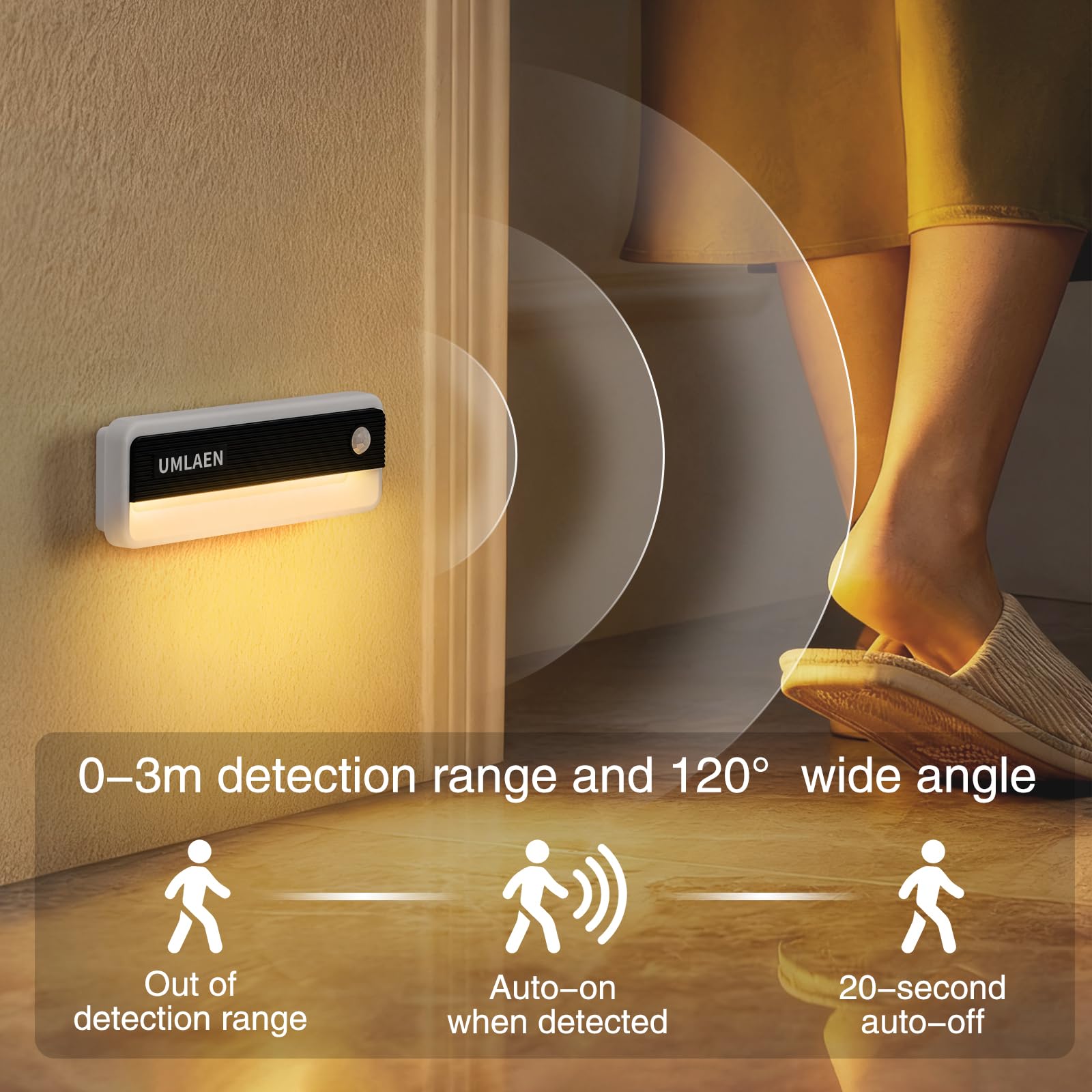Confezione da 2 luci con sensore di movimento per interni, 1800 mAh, luce notturna ricaricabile con attivazione del movimento, 3 colori, 2 modalità, luci adesive per scale, camera da letto